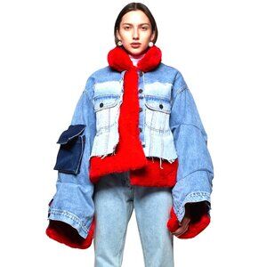 OVERSIZED RED FAUX FUR/RAW DENIM JACKET RED/LIGHT WASH Size S/M NEW
